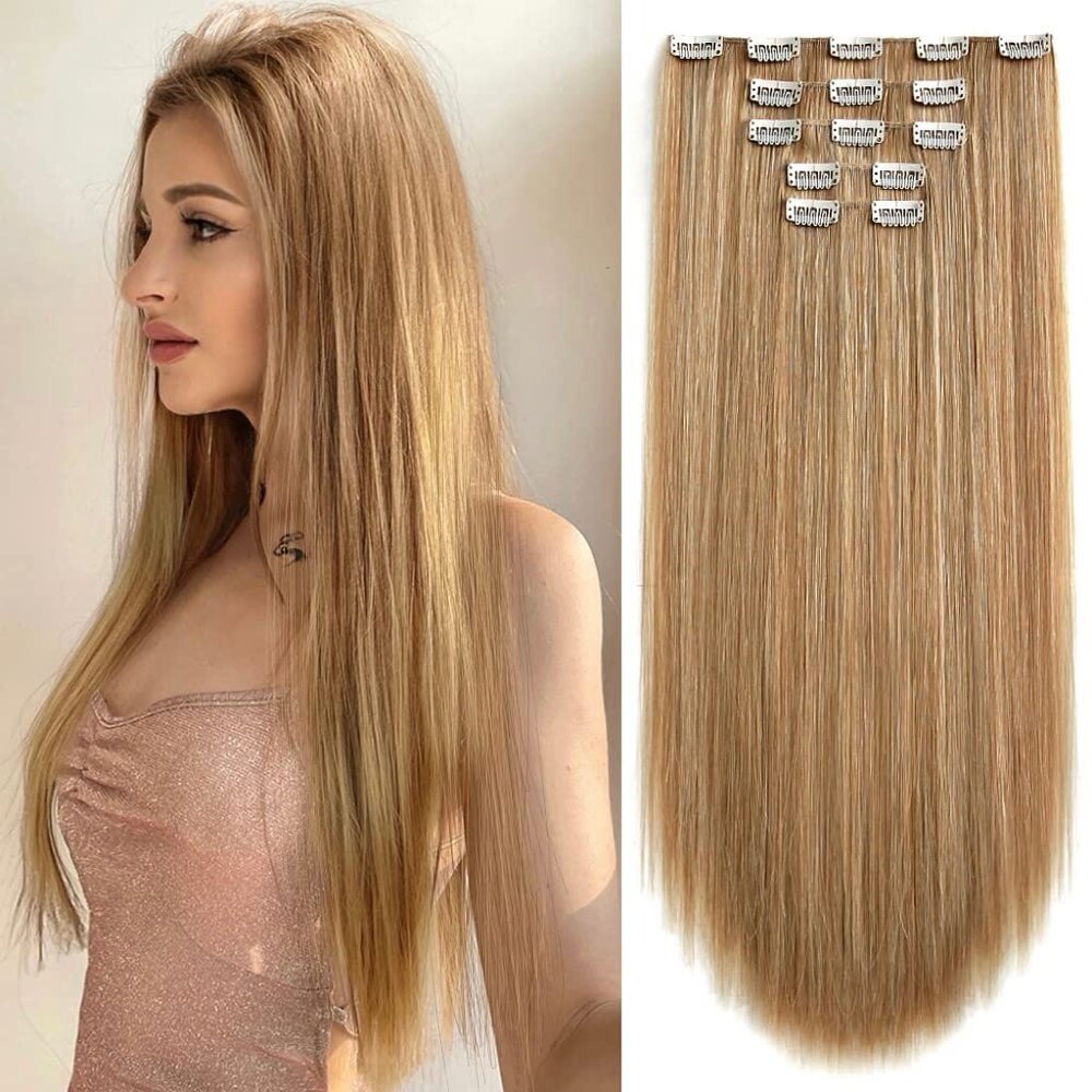 Clip In Hair Extensions Synthetic Blonde 22" Straight For Women 5pcs